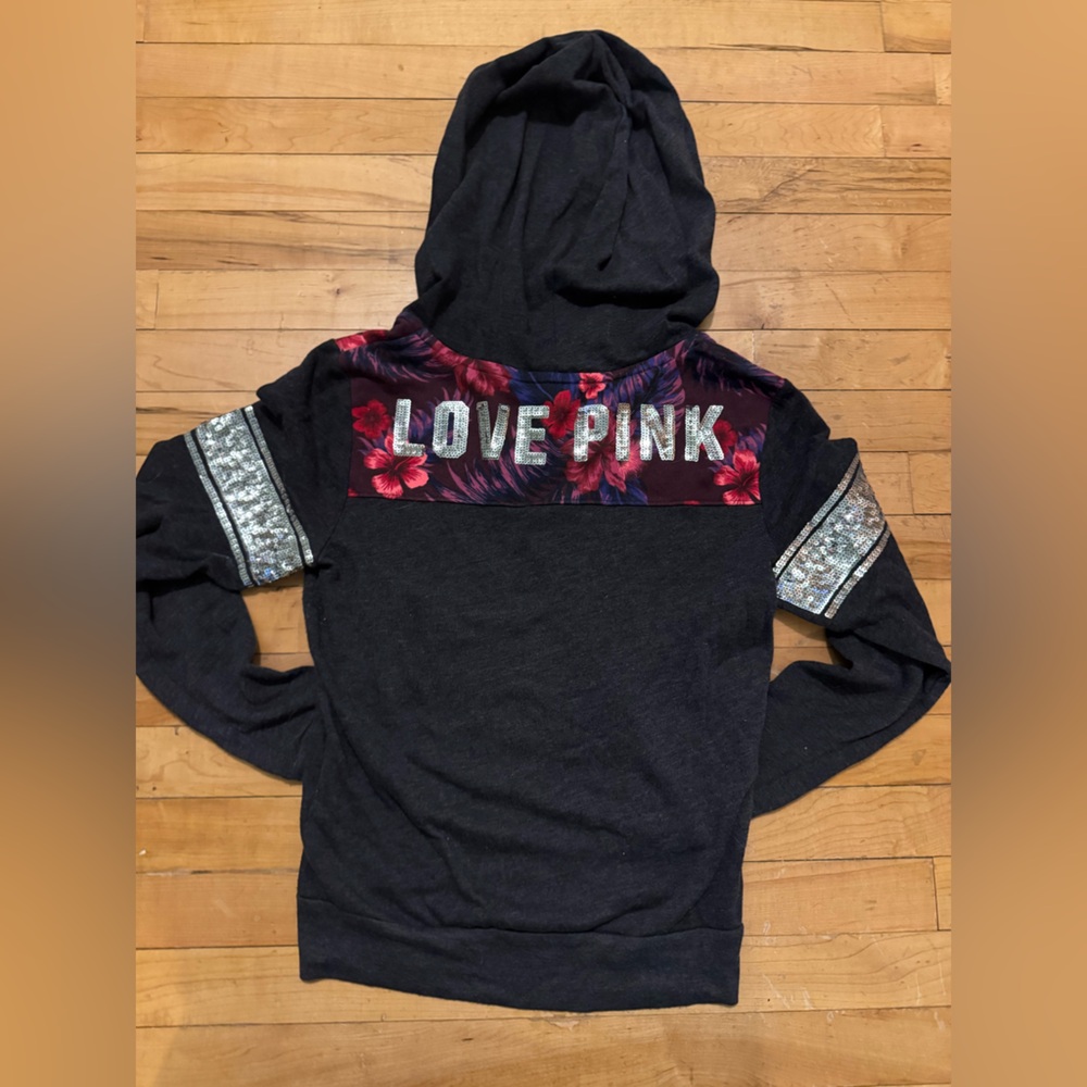 Victoria's Secret PINK Black Hoodie with Floral Accents and Silver Sequin Bling